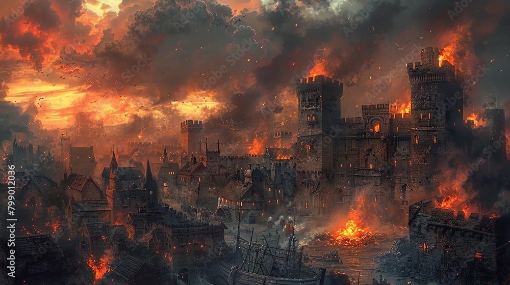 Obraz premium Depict a medieval town under siege, with towering walls and trebuchets, set against a stormy sky in oil paints, incorporating a surprising birds eye view that brings forth the chaos and intensity