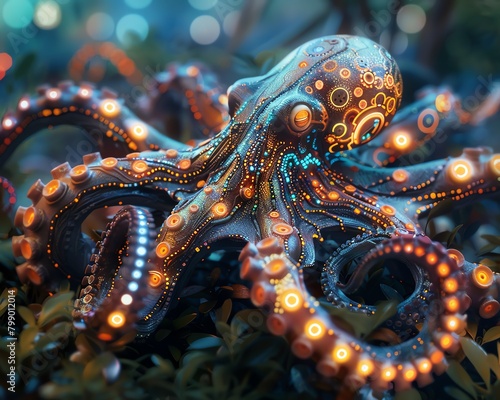 Design a scene where a digital octopus, adorned with glowing circuit patterns, interacts with a school of fish made of polished metal Blend bioluminescent plants with holographic projections to create