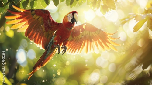 Image of a macaw parrot, spreading its wings to fly, beautiful and bright, morning light background through bokeh, lush green tree leaves. photo