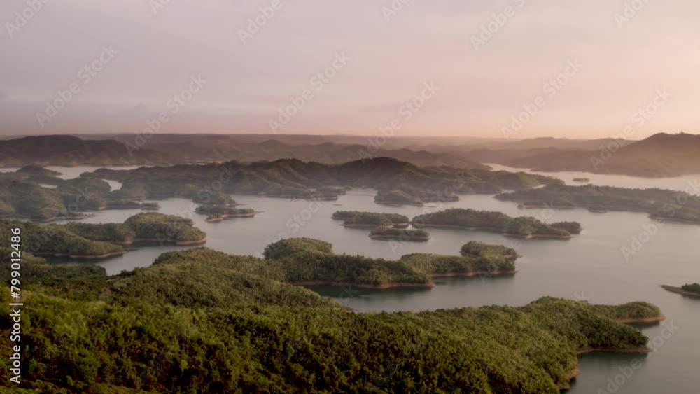 panorama of the Tà Đùng National Park in Vietnam Asia, a lake with a river and an archipelago of a lot of beautiful small islands at sunset panorama of the Tà Đùng National Park in Vietnam Asia, a lake with a river and an archipelago of a lot of beautiful small islands at sunset