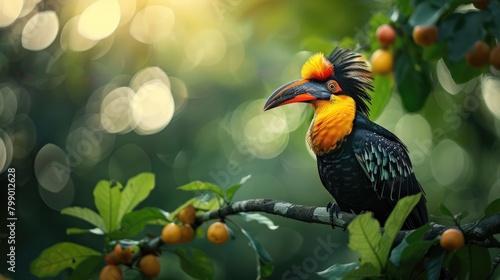 Picture of a brightly colored hornbill Morning light background through bokeh, green tree leaves. photo