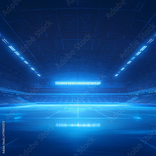 Luxurious Icy Blue Professional Ice Rink in Empty Stadium with Futuristic Neon Lighting