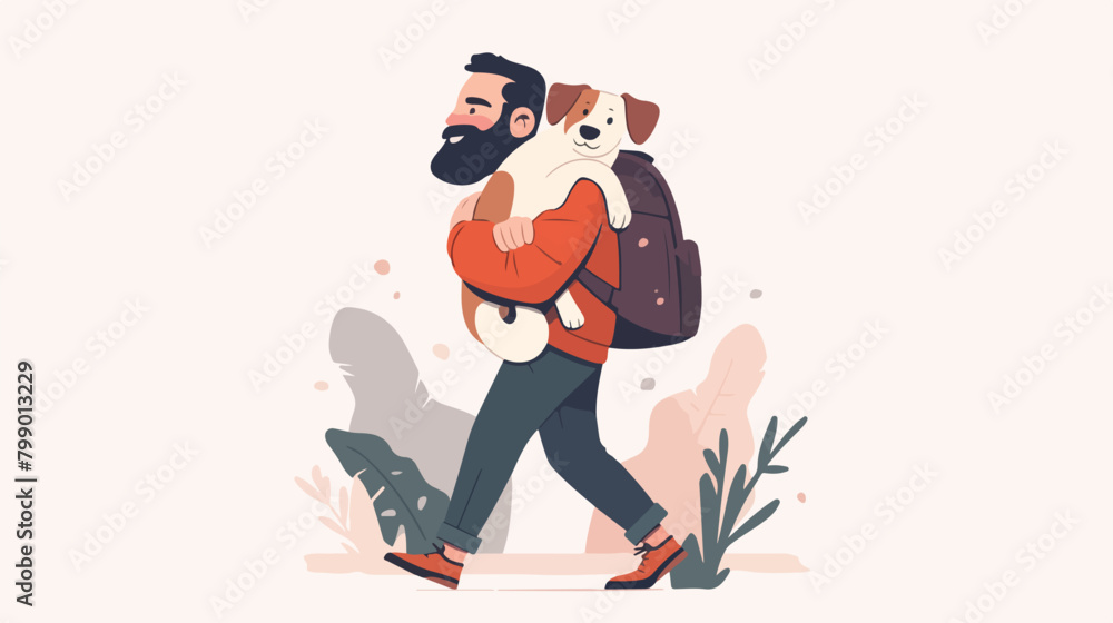 Man holding cute dog in hands walking. Pet owner ca