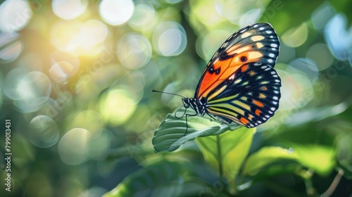 Picture of an adult butterfly with beautiful, bright colors Morning light background through bokeh, green leaves of trees. © panu101