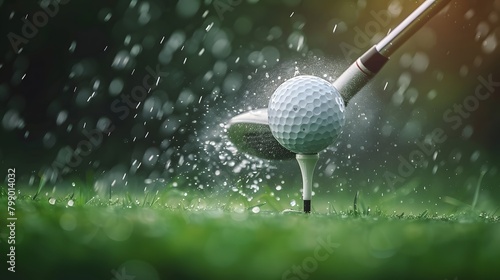 Golf ball hitting the tee and flying towards camera. the golf club hits the ball, leaving small splashes of dirt on green grass. This scene conveys emotion and excitement in sports such as golf.