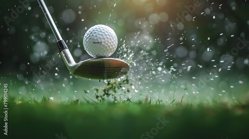 Golf ball hitting the tee and flying towards camera. the golf club hits the ball, leaving small splashes of dirt on green grass. This scene conveys emotion and excitement in sports such as golf.