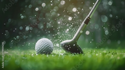 Golf ball hitting the tee and flying towards camera. the golf club hits the ball, leaving small splashes of dirt on green grass. This scene conveys emotion and excitement in sports such as golf.