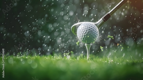 Golf ball hitting the tee and flying towards camera. the golf club hits the ball, leaving small splashes of dirt on green grass. This scene conveys emotion and excitement in sports such as golf. photo