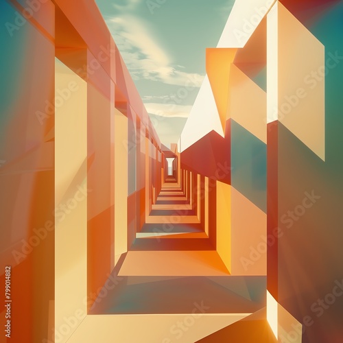 Transform the fall of the Berlin Wall into a mesmerizing vector art piece, playing with light and shadows in an abstract, modern interpretation from a skewed perspective photo