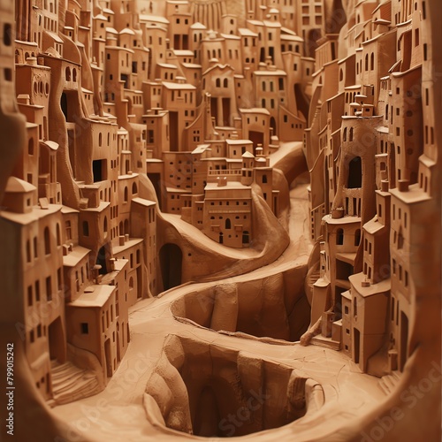Visualize a citys labyrinthine streets in a clay sculpture, highlighting the chaos of the mind Infuse Maslows hierarchy of needs into towering buildings, reflecting human motives Play with perspective