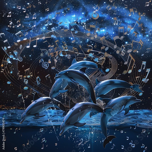 Visualize a surreal digital rendering of a group of dolphins leaping in unison, surrounded by a whirlwind of musical notes symbolizing their joyful dance under a starry night sky Bring this whimsical photo