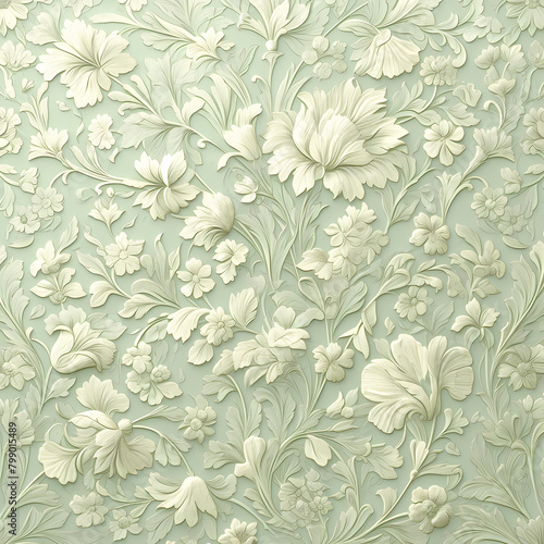 A Close-Up of an Exquisite Ornate Green Textured Plaster with Intricately Embossed Flower Patterns