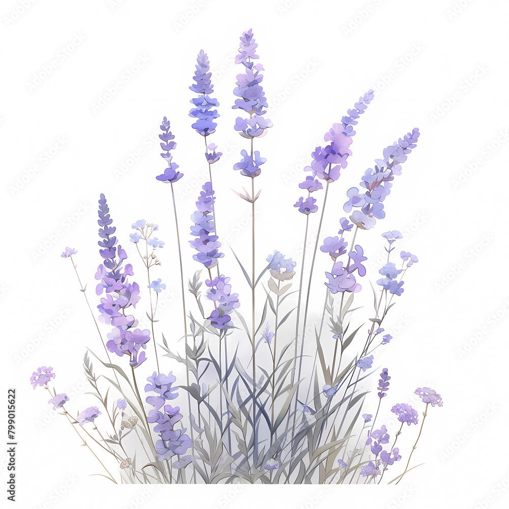 A serene field of lavender with lush greenery and blue hues