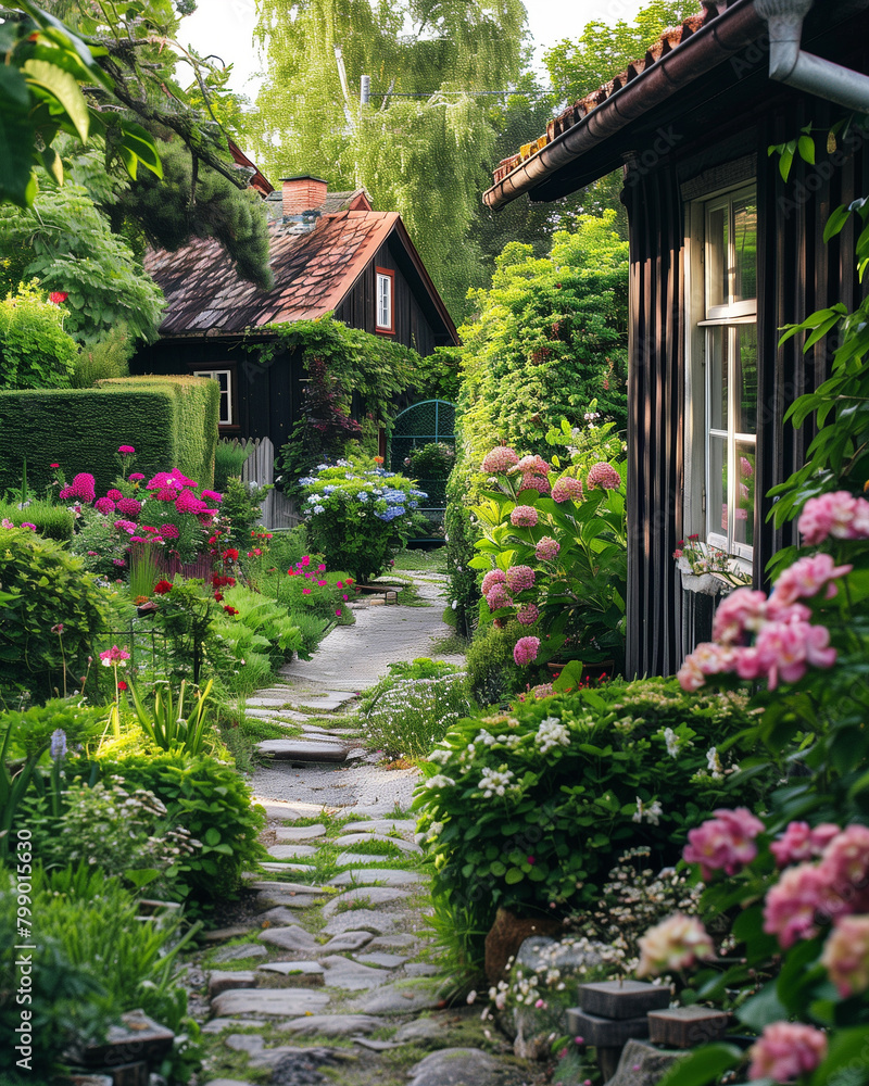 beautiful summer garden with really existing bushes in a scandinavian village with woodhouse beautiful summer garden with really existing bushes in a scandinavian village with woodhouse