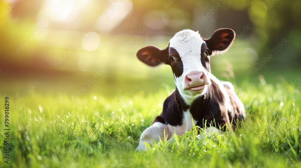 Cute Calf in Green Pasture, Young Black and White Cow, Peaceful Rural Scene