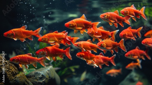  A sizable school of red fish swim in an expansive aquarium, surrounded by lush green plants and rocks Bubbles form at the aquarium's base, rising to its