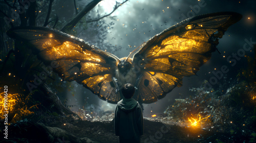 A giant glowing yellow wings moth befriends a lost child in a dark forest photo