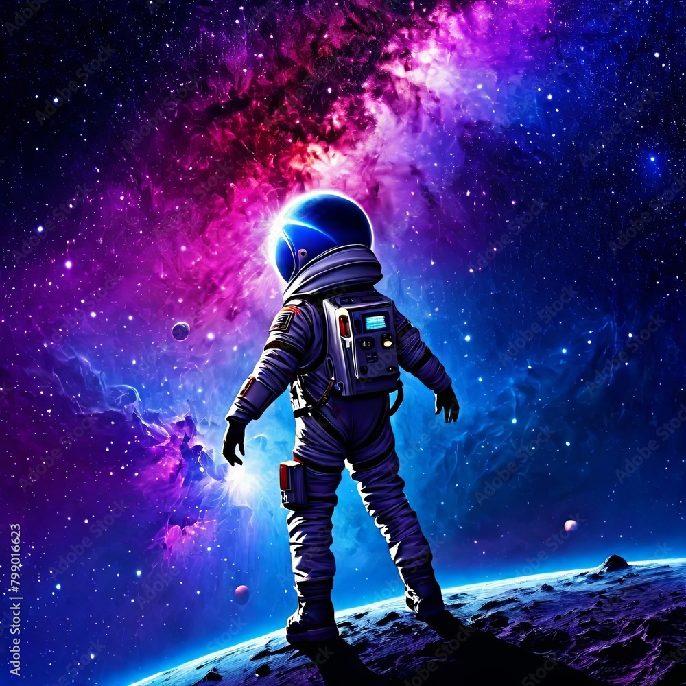 Fototapeta premium astronaut explores planet outer space, man or woman in suit with helmet, cosmic gas 