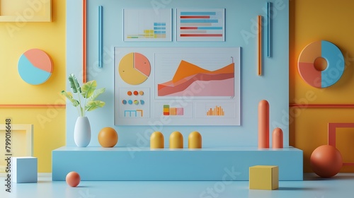 Design a PPT page incorporating multiple content plates geared for chart data comparison, utilizing a retro futuristic style, minimalist color schemes, and incorporating enhanced 3D elements.