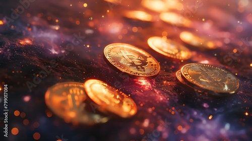 Create an abstract representation of outer space with floating bitcoins scattered throughout photo