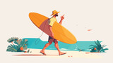 Man walking with surfboard in hands talking and poi