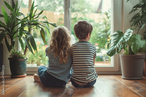 siblings sitting together in home looking at the window photo