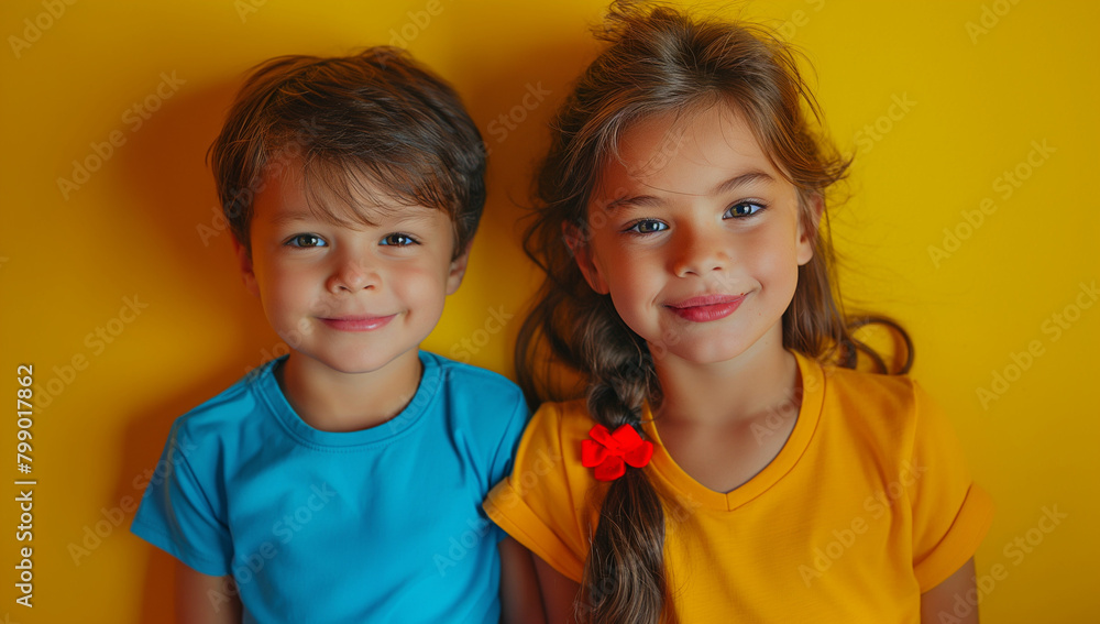 young brother and sister, siblings standing together on solid yellow background young brother and sister, siblings standing together on solid yellow background