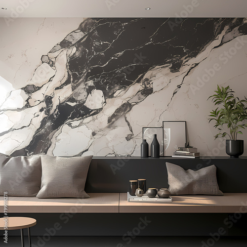 Modern Living Room Space Featuring a Sophisticated Marble Wall and Stylish Decorative Pieces