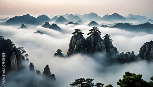 Huangshan Vertical Anhui fog shot province city Background Sky Spring Landscape Mountains China Environment Field Plants Weather Foliage Vegetation Morning Terrain Outdoor Aerial Solitude