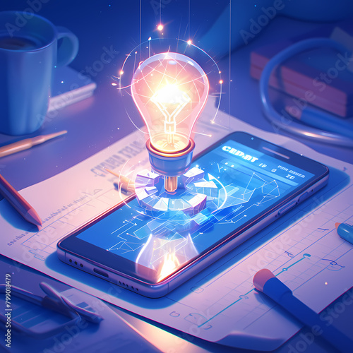 Illustrated concept of a brainstorming session using a smartphone with creative energy emanating from it. photo