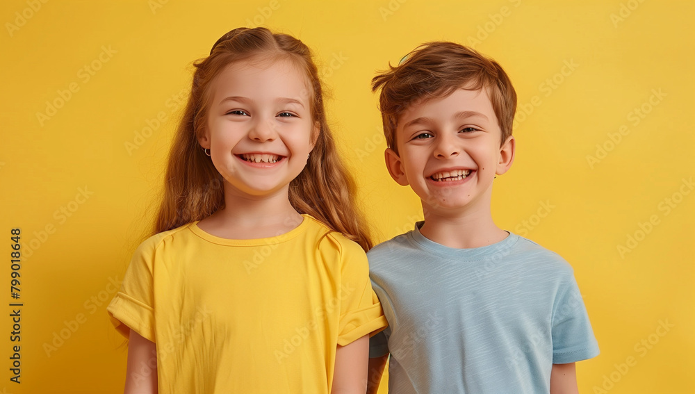 young brother and sister, siblings standing together on solid yellow background young brother and sister, siblings standing together on solid yellow background