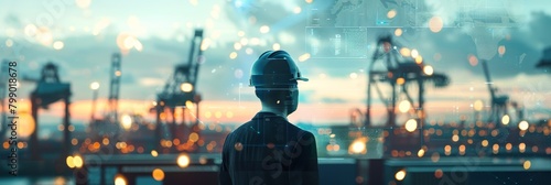Worker in hard hat silhouetted against a techie port backdrop during twilight, symbolizing industry's future. Created with Generative AI photo