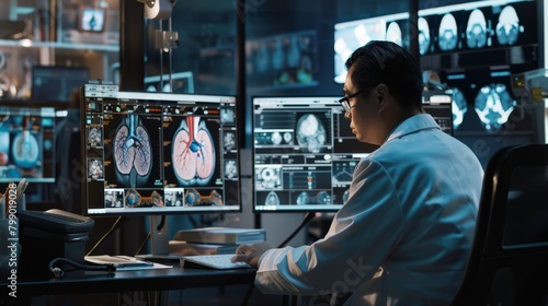 A healthcare professional analyzes medical scans at a high-tech workstation with multiple monitors. Created with Generative AI