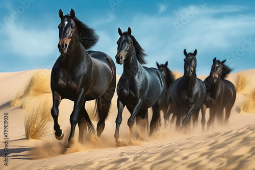 A small herd of free wild black horses running on loose sand in the desert against a cloudy sky. photo