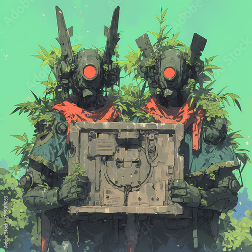 Two Advanced Robots in a Jungle Setting, Presenting a Mysterious Data Plate