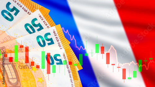 Crisis in France. Euro banknotes near french flag. Crisis chart. Fluctuations in France financial market. Crisis economic quotes. Financial problems in France. Inflation boom. Economic collapse photo