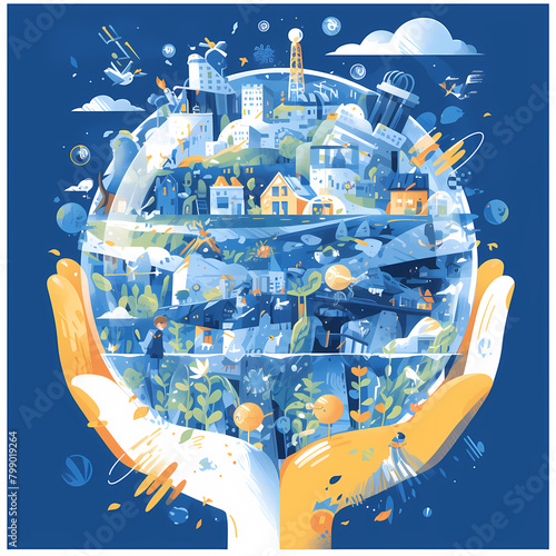 An Eye-Catching Illustrated Globe Held by Hands, Depicting a Vivid Cityscape and Environmental Elements to Raise Climate Change Awareness