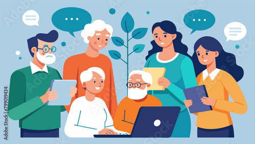 A group of individuals deep in conversation sharing stories of their own genealogy discoveries as they eagerly fill out their family tree research. Vector illustration