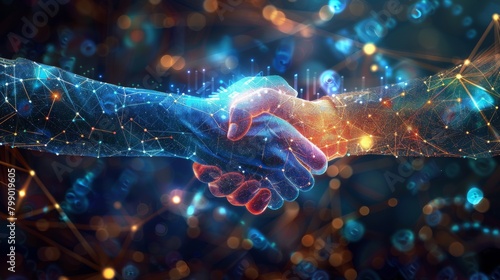 A Digitized handshake binds two parties in a cyberspace agreement, symbolizing trust, secure connections, and digital partnerships against a canvas of intricate data networks and glowing nodes.