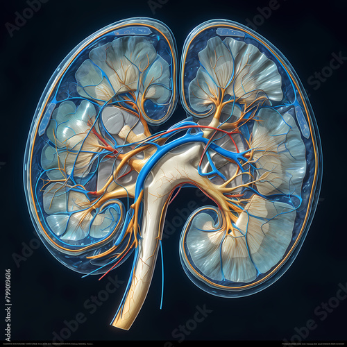 High-Detail 3D Rendering of Human Kidney Anatomy with Neurons and Vessels photo