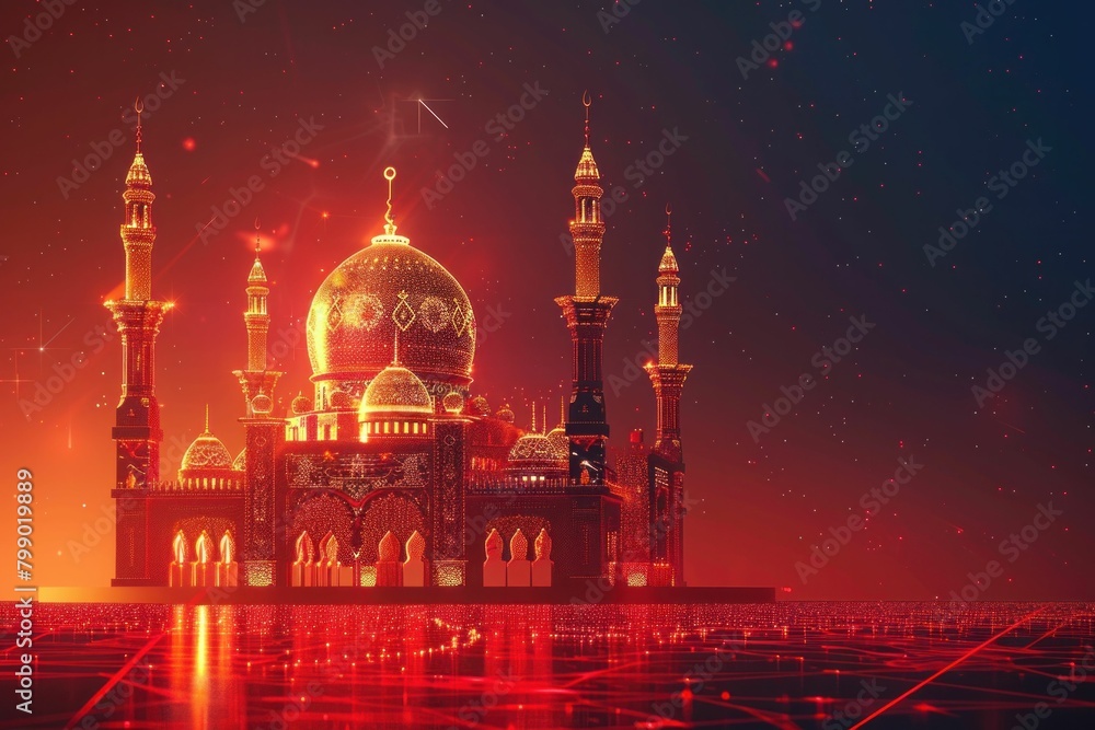 Illuminated Islamic mosque at night with red lights surrounding it