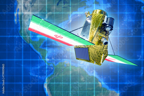 Fototapeta Naklejka Na Ścianę i Meble -  Space communications satellite with Iran flags. Spaceships over planet. Spy satellite in orbit. Cosmic tech Iran republic. Space satellite launched by Iran. 3d image planet earth, elements from nasa