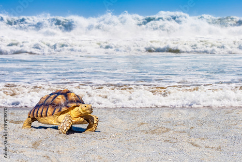 Turtle crawls along beach. ...