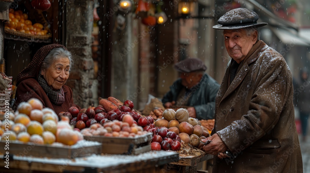 An old man and woman are selling fruits and vegetables at a market in the snow. An old man and woman are selling fruits and vegetables at a market in the snow.
