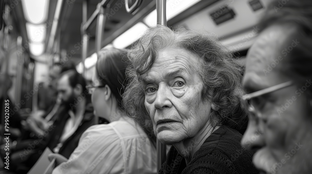 An old woman with a worried look on her face is riding the subway.