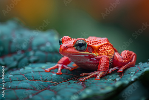 poisonous red frog on a leaf of an exotic tree, dangerous tropical forests photo