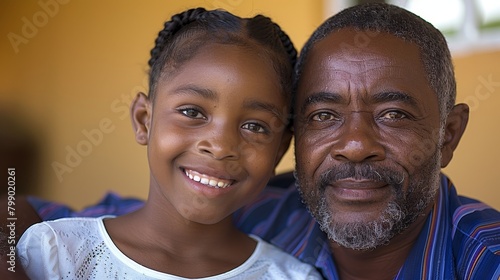 An old man with gray hair and beard is sitting next to a young girl with black hair in braids. They are both smiling. photo
