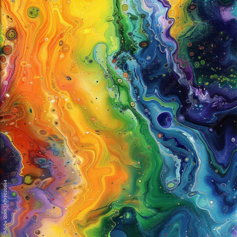 Colorful abstract painting with bright rainbow colors.