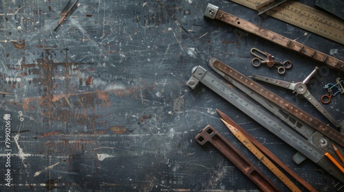 Vintage drafting tools meticulously laid out on a well-worn desk, telling a story of architectural precision and the timeless art of design.