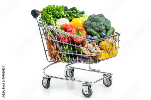 A shopping cart filled to the brim with an assortment of fresh and colorful vegetables on a white background.
